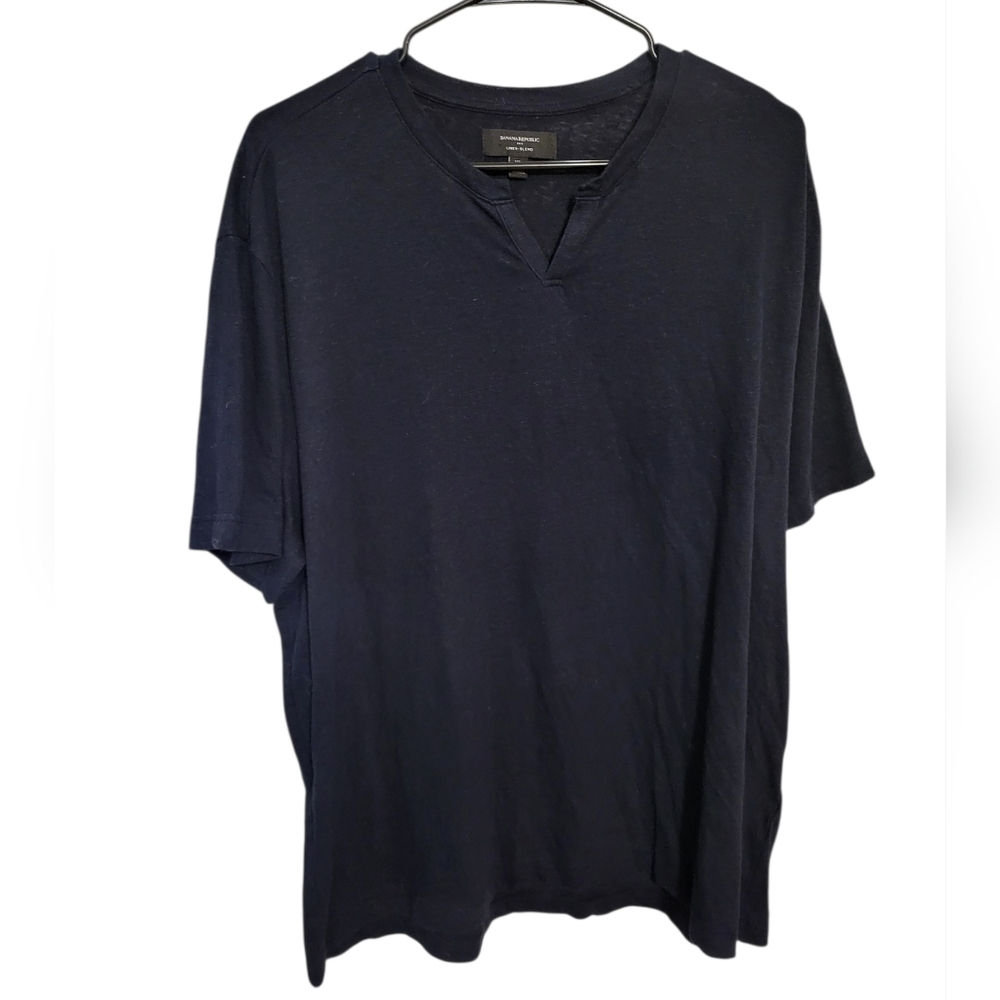 Banana Republic Mens Navy Blue Linen-Blend Notch-Neck T-Shirt, XL